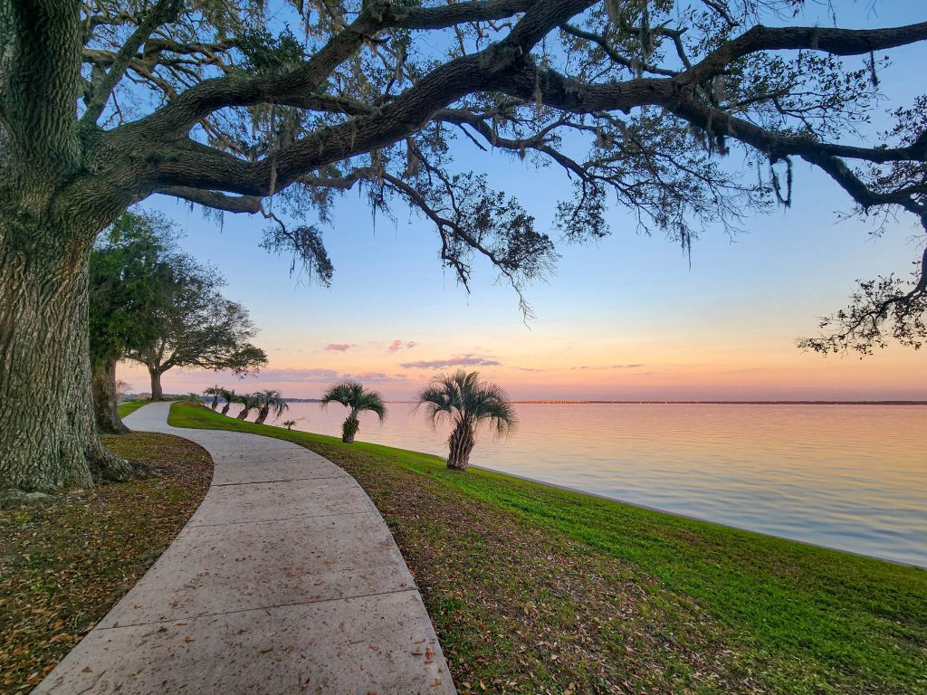 a paved curved sidewalk next to water with a sunset
