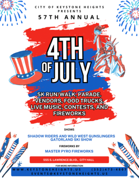 Event flyer with list of activities in a red, white, and blue theme.