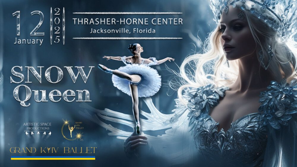 Flier of a ballet dance with a blue background and event information