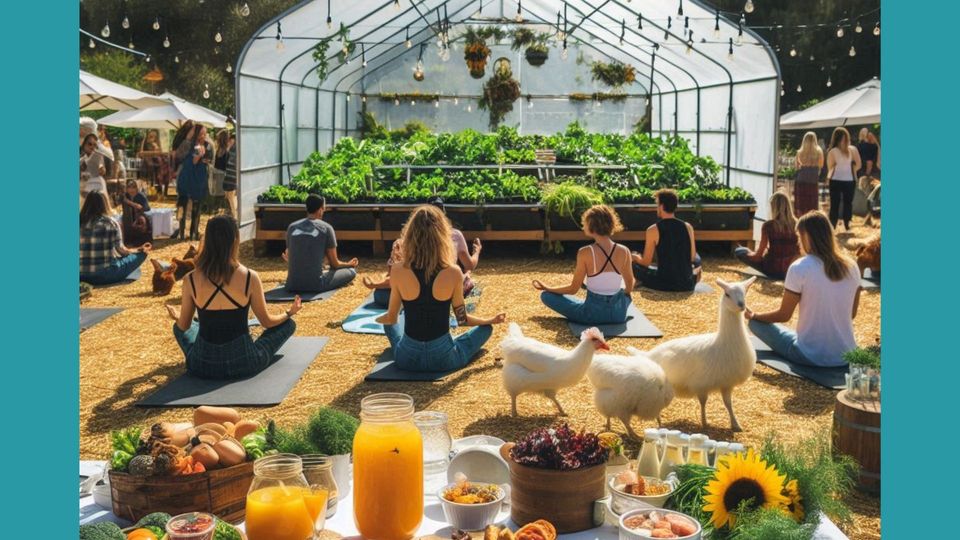 Group of people in yoga poses surrounded by farm animals.
