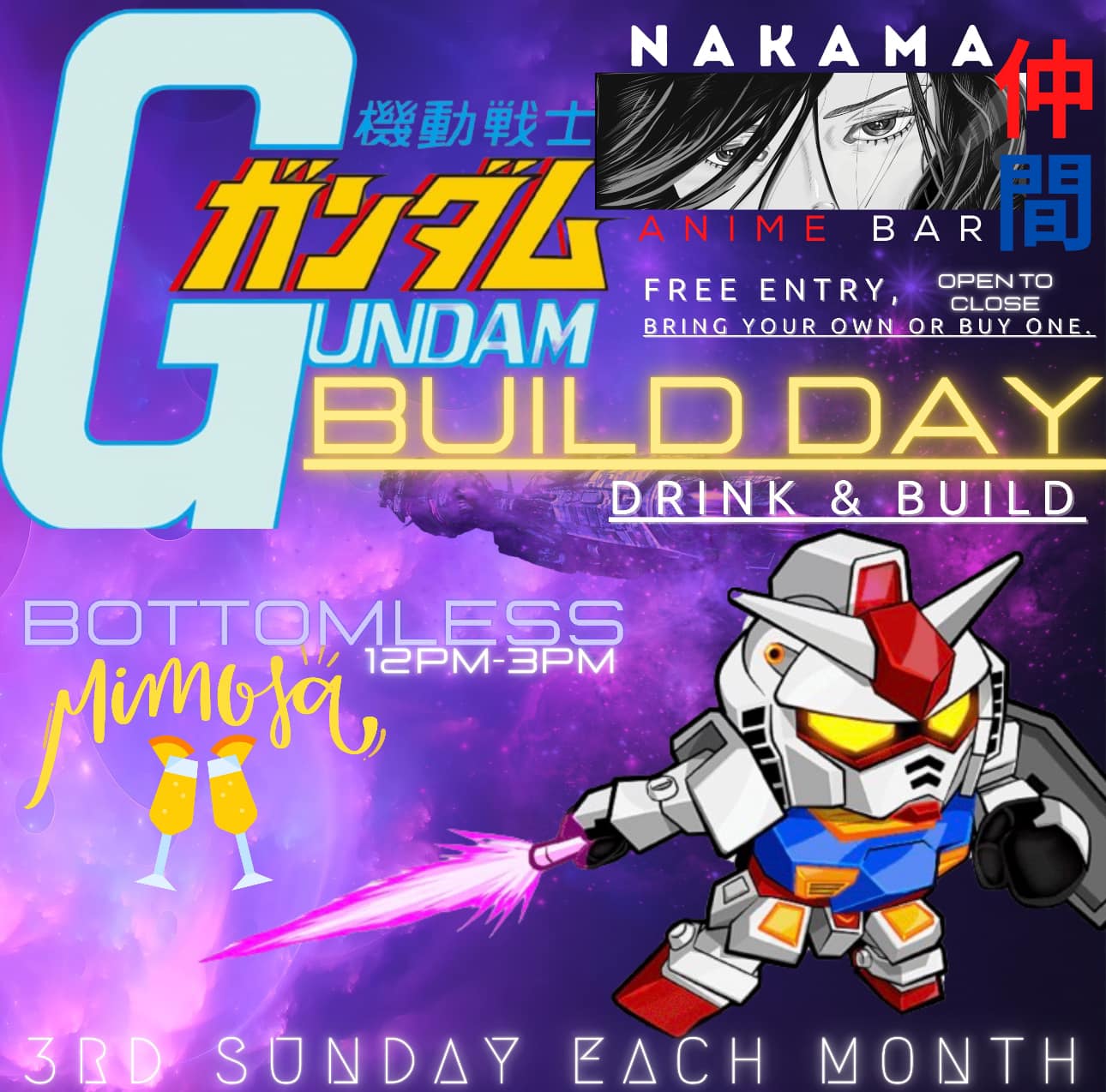 Purple flier with anime character on it and information about gundam build day