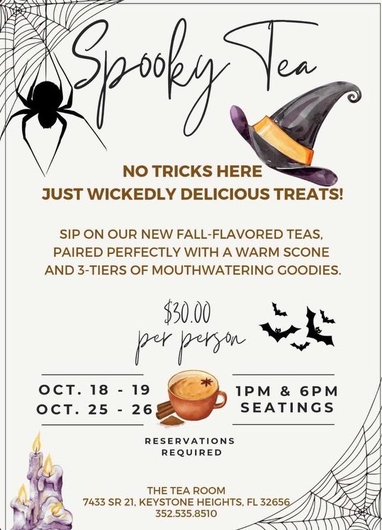 Flier with halloween motifs like a hat, bats, candle, spider, and information about an upcoming tea party