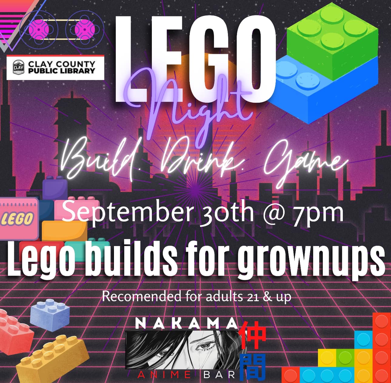 Colorful event flier with lego blocks and event information