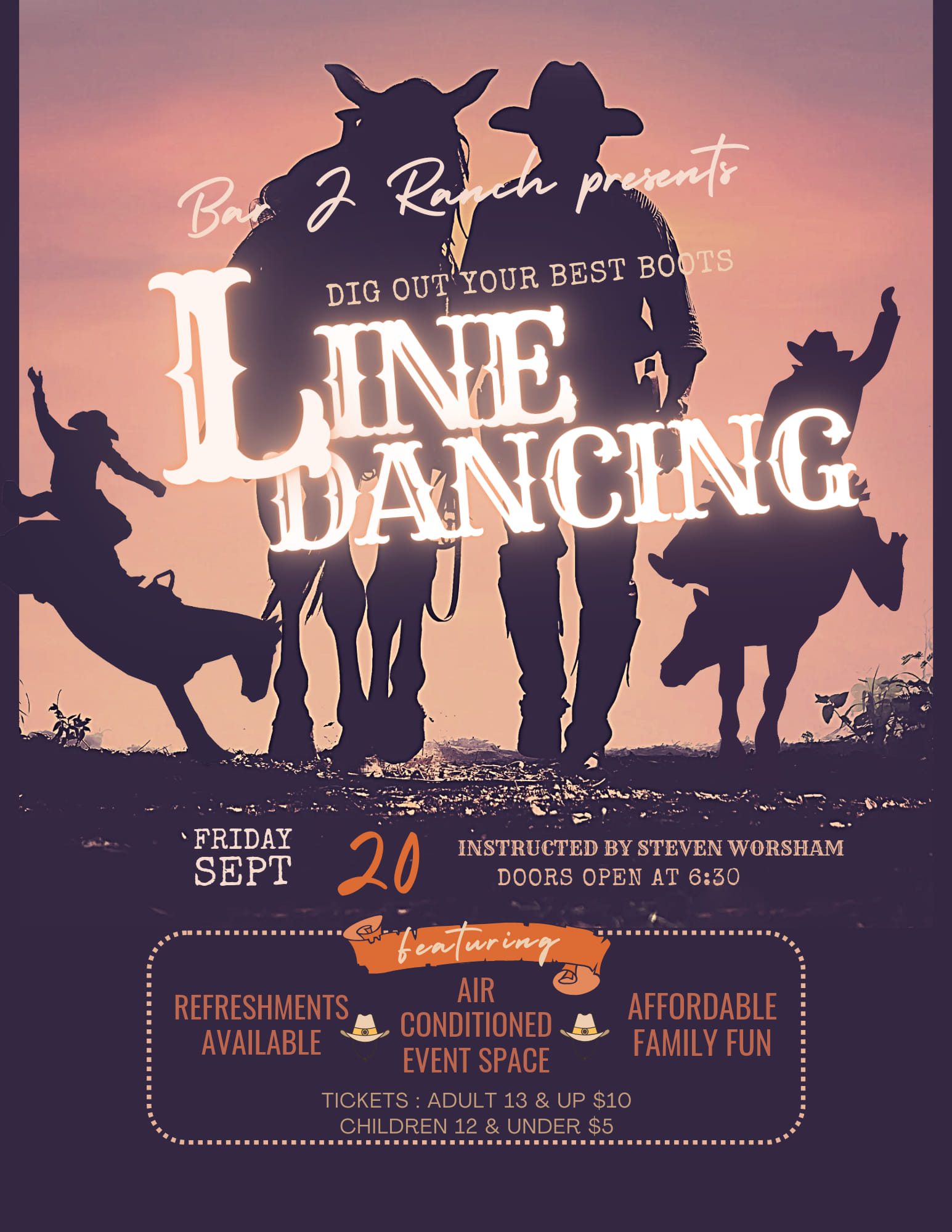 Event flyer, silhouette of cowboys and horses with event information printed.
