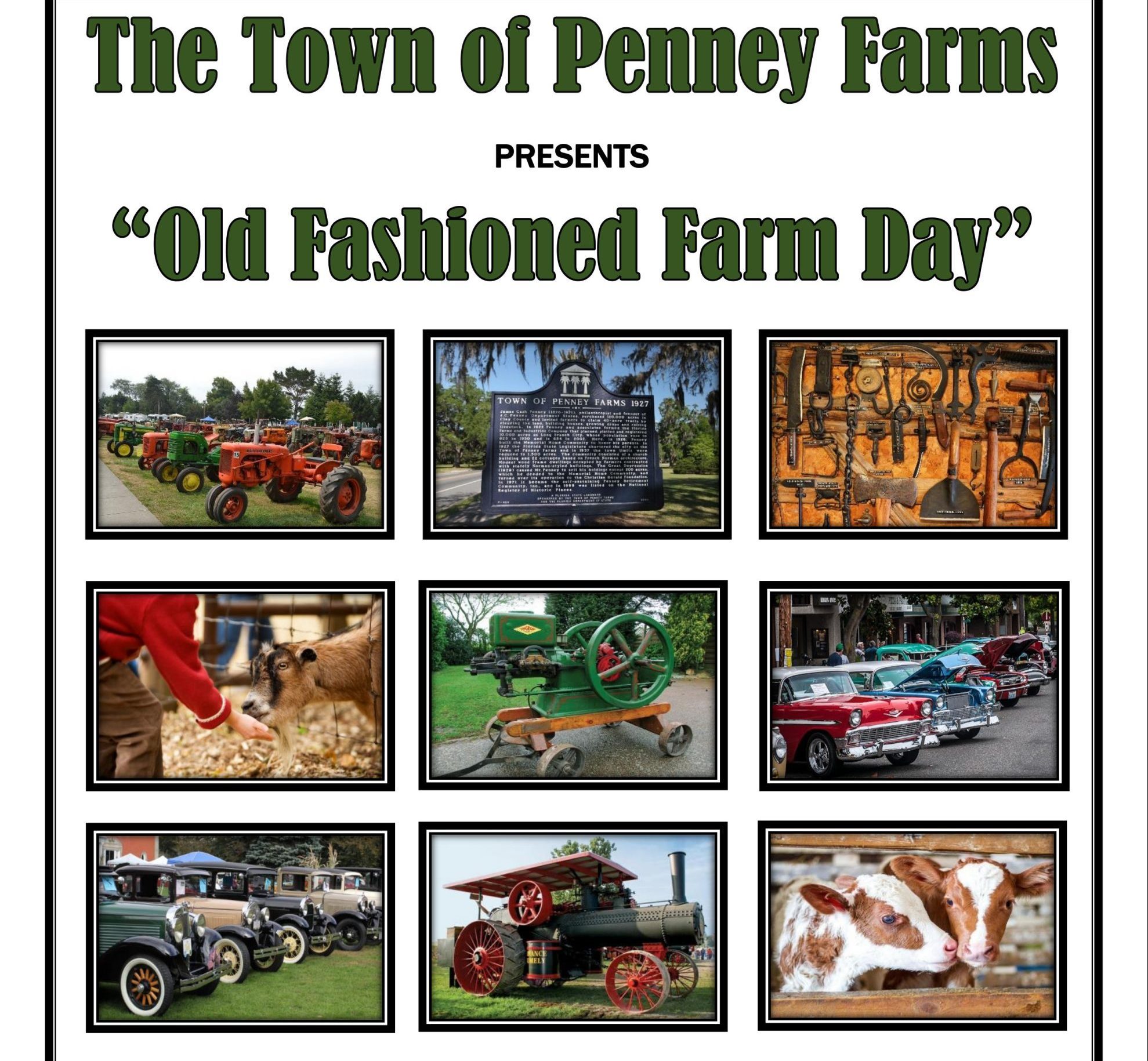 Green event title text with nine images of farm related things like tractors cows and cars