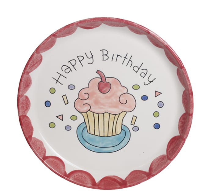 Picture of a plate that says Happy Birthday with a cupcake.