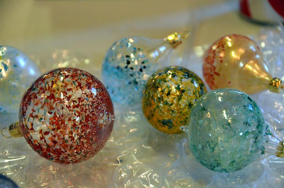 Photo of multi-colored glass blown ornaments.
