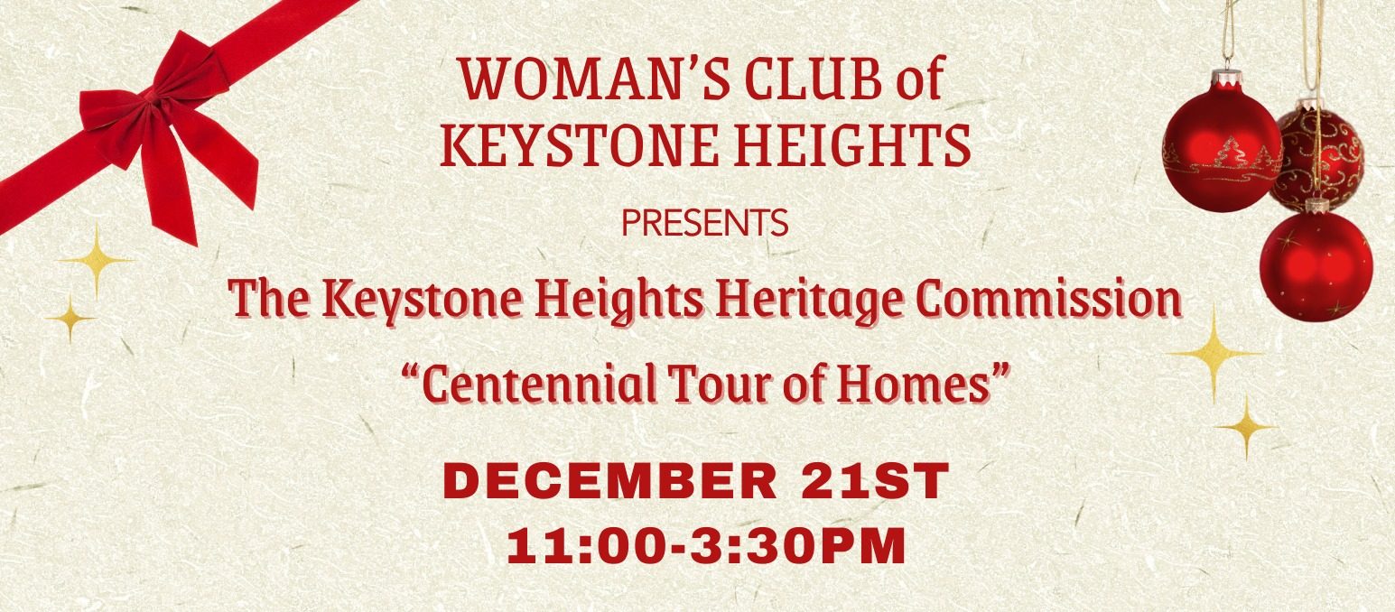 White graphic with red event information text and an ornament clip art