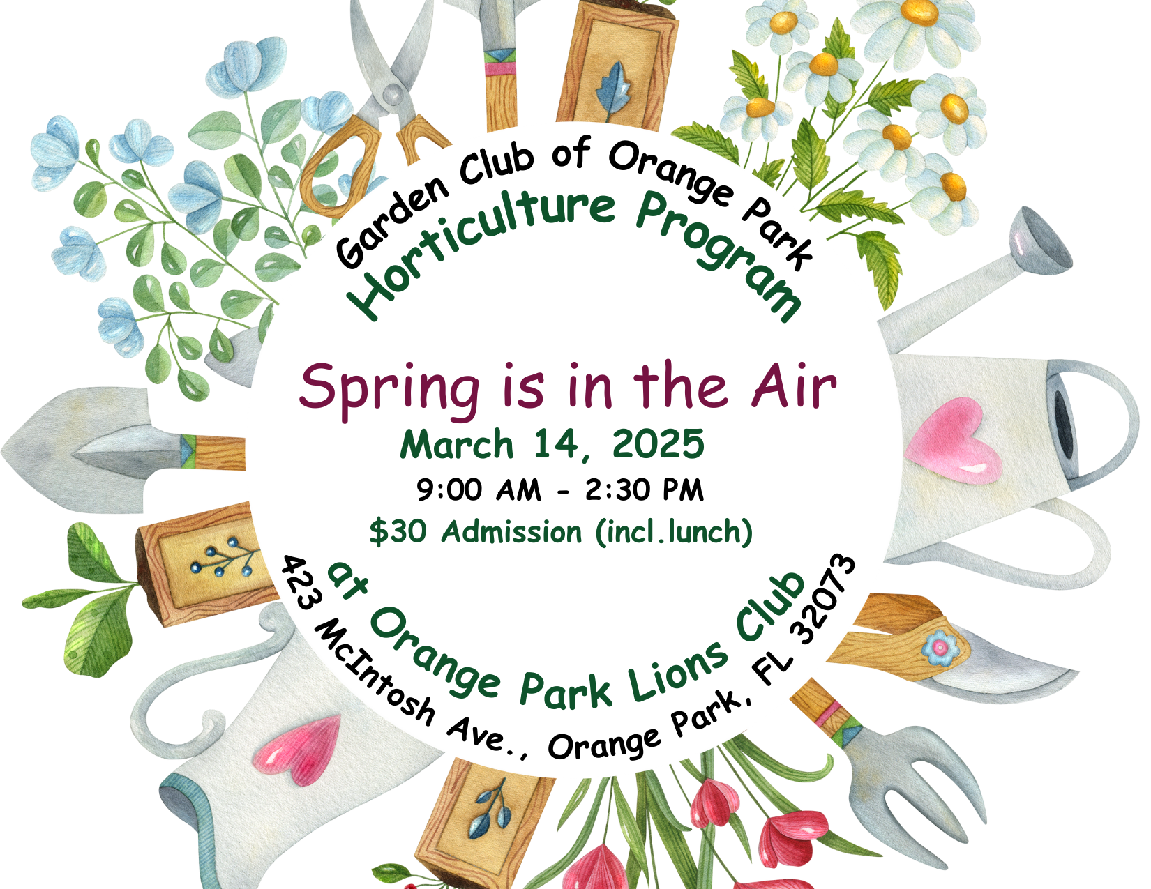 Flier of clip art garden supplies and information on save the date of the event