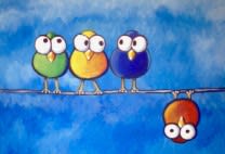 Drawing of four birds on a tree branch.