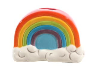 Photo of rainbow painted ceramic bank.