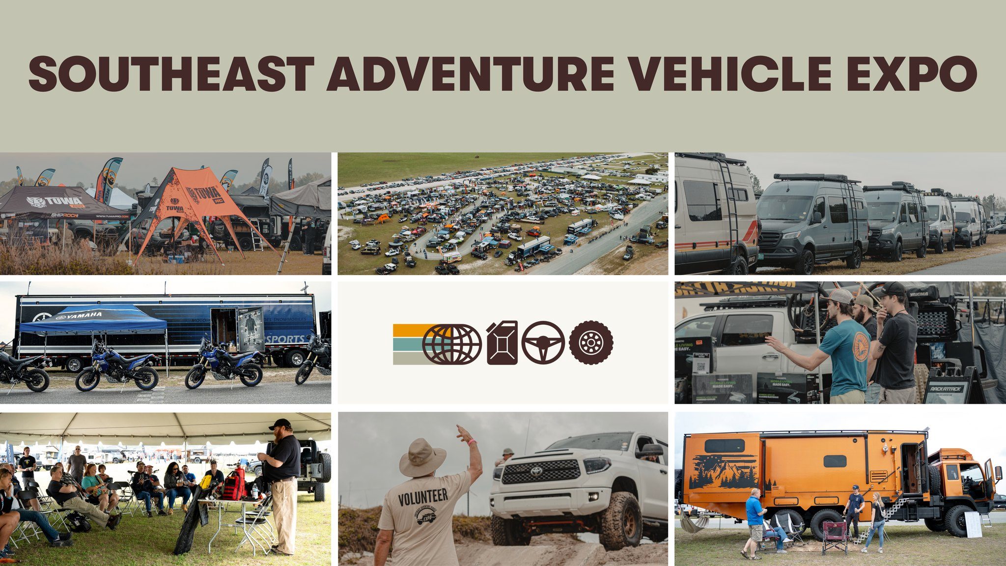 Collage of photos representing the event images of cars, camping tents, and seminars
