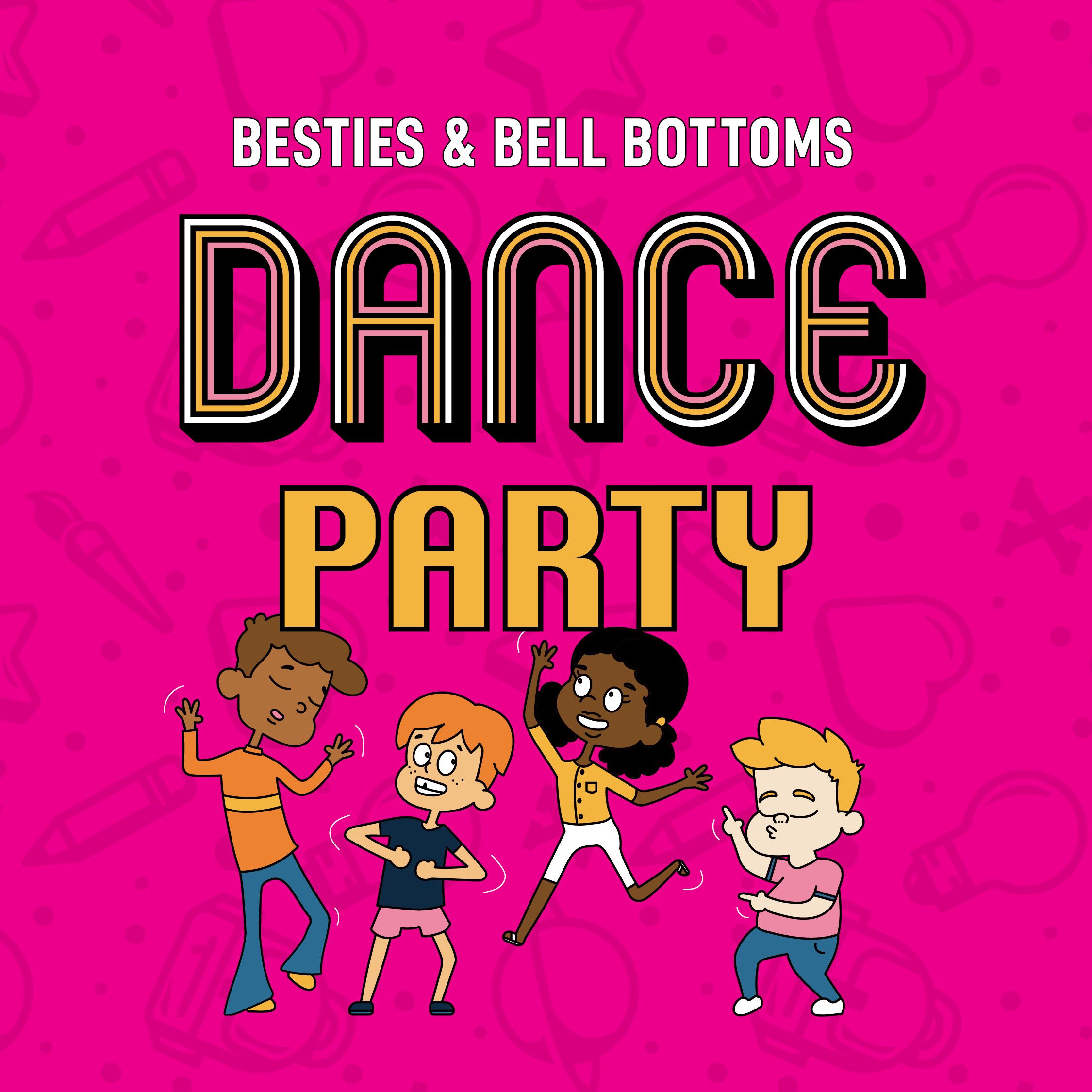 Illustration of a group of children dancing on a bright pink background.