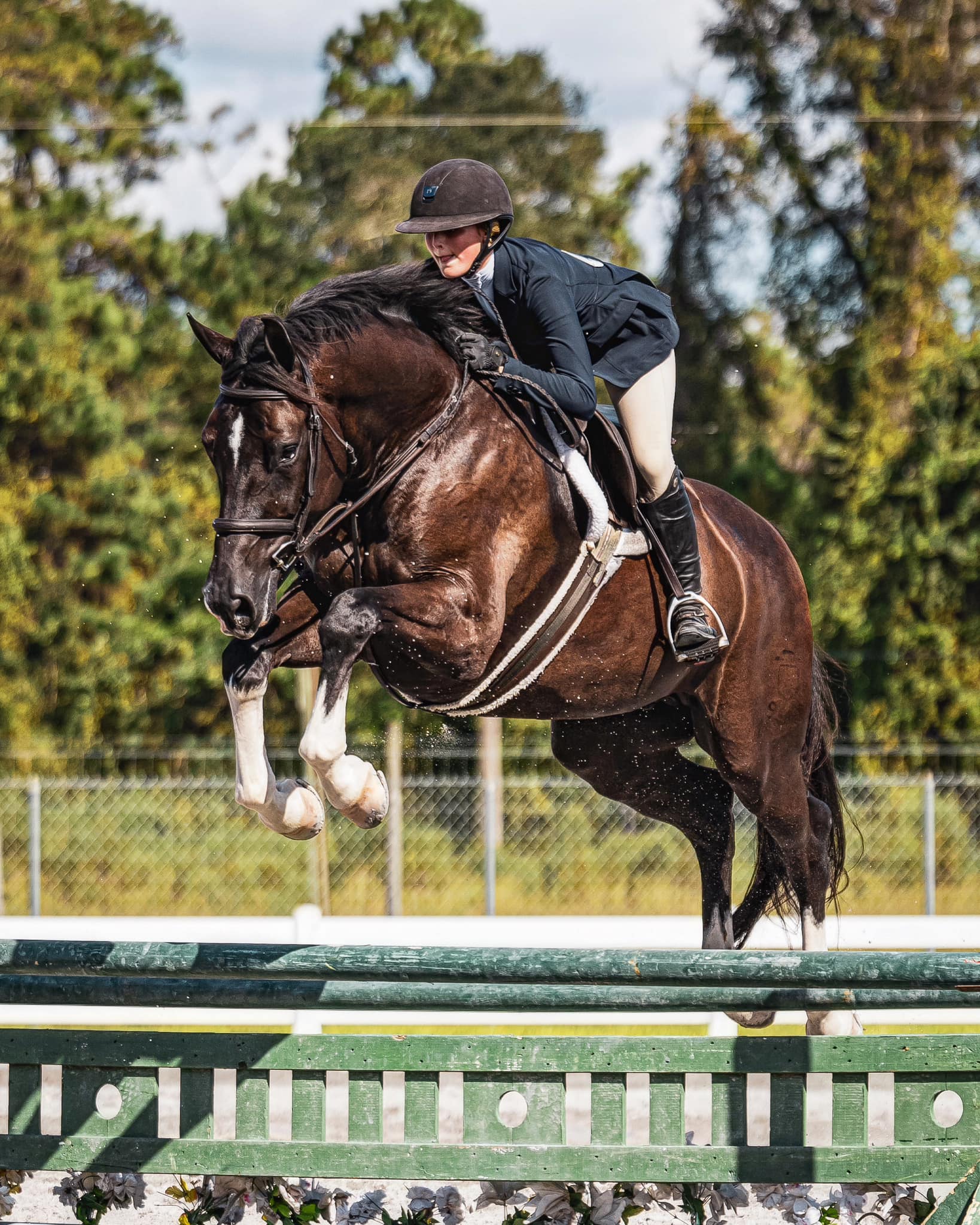 Young woman riding a horse as jumps over obstacle.