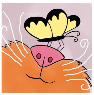 Painting of a butterfly resting on a cat's nose.