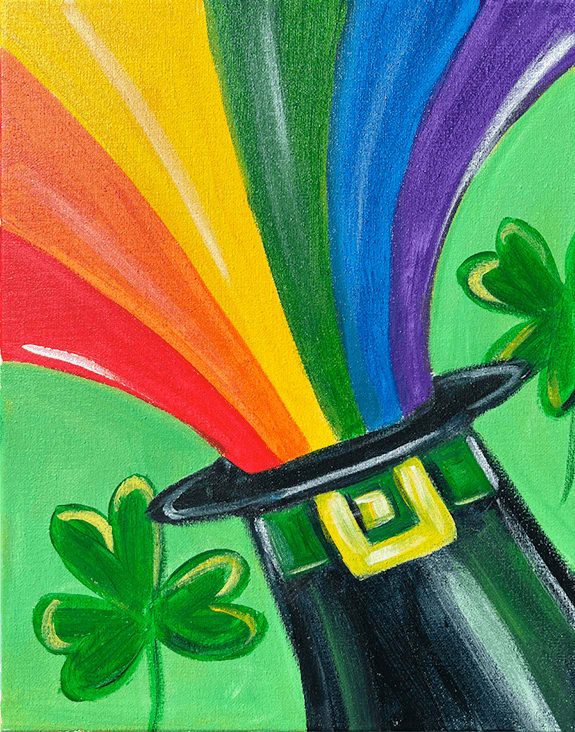 Painting of an Irish themed hat and rainbow.