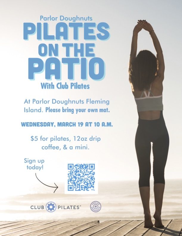 Event flyer with event information and a photo of a woman stretching.