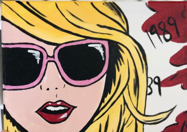 Painting of Taylor Swift on red and white background.
