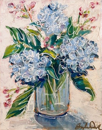 Acrylic painting of blue flowers in a glass vase.