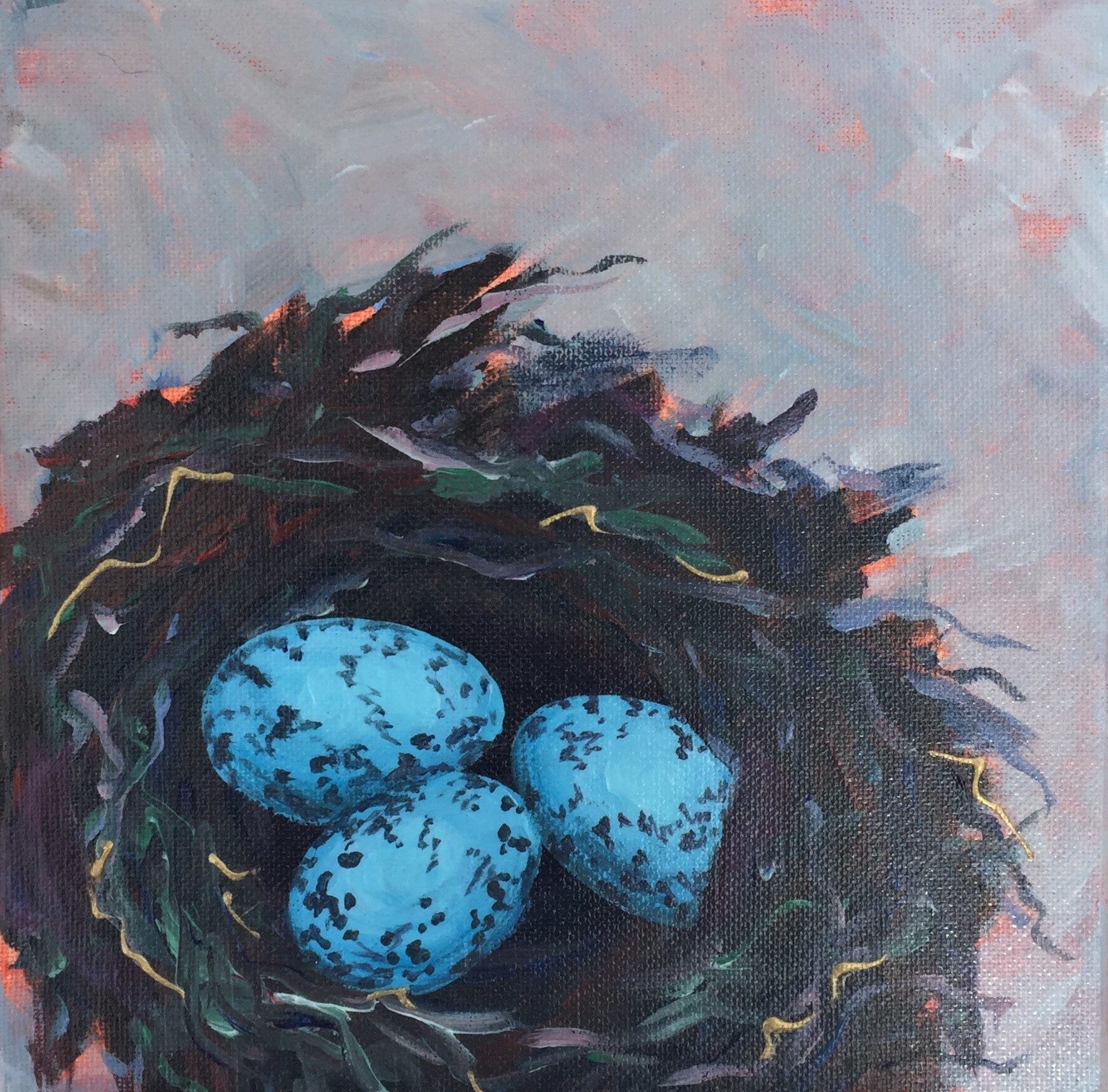 Painting of a birds nest with three blue speckled eggs.