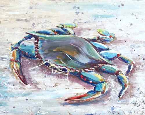 Painting of a blue crab on a white sand background.