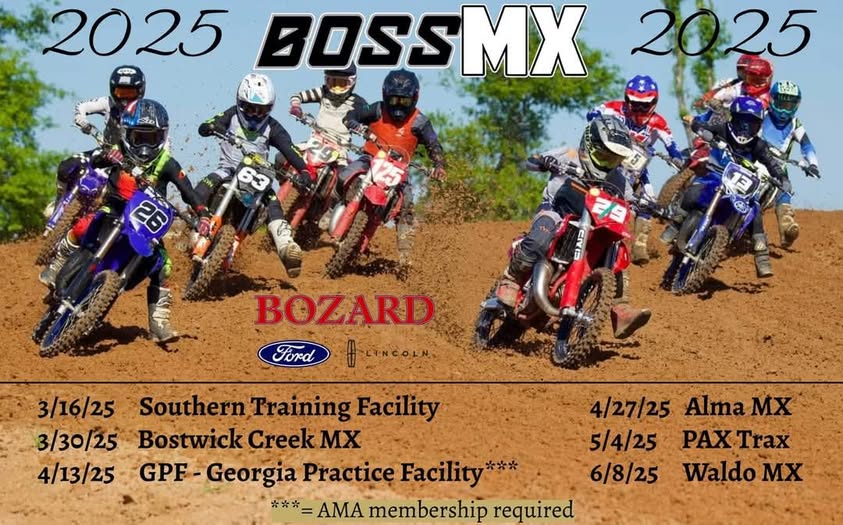 Photo of participants riding motorized dirt bikes with event dates posted.