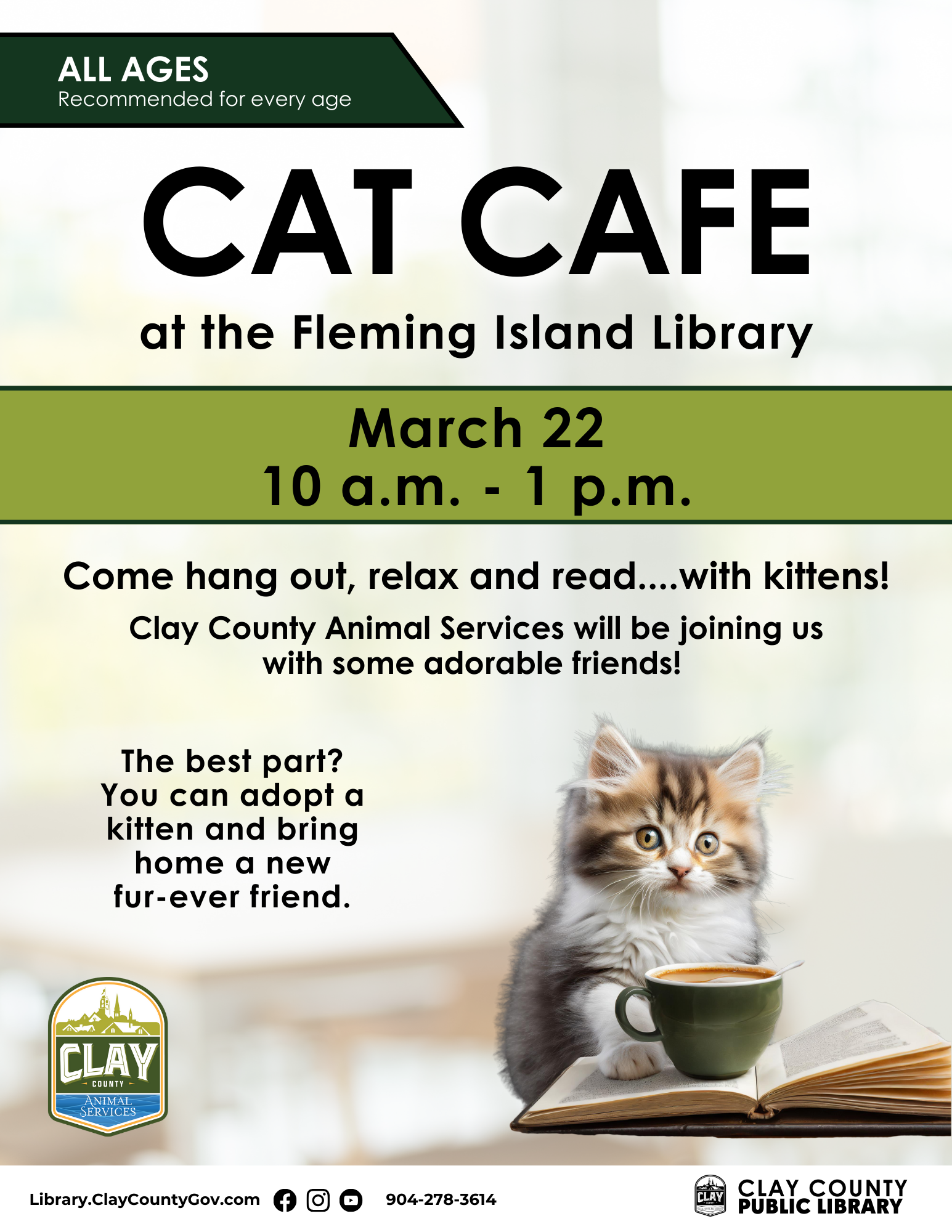 Event flyer with a picture of a cat available for adoption.