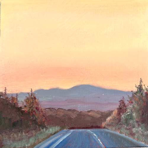 Painting of a rural road at sunset with mountains and trees in the background.