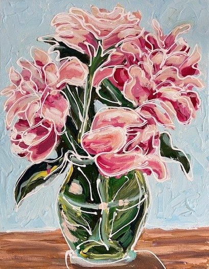 Painting of pink flowers in a glass vase.