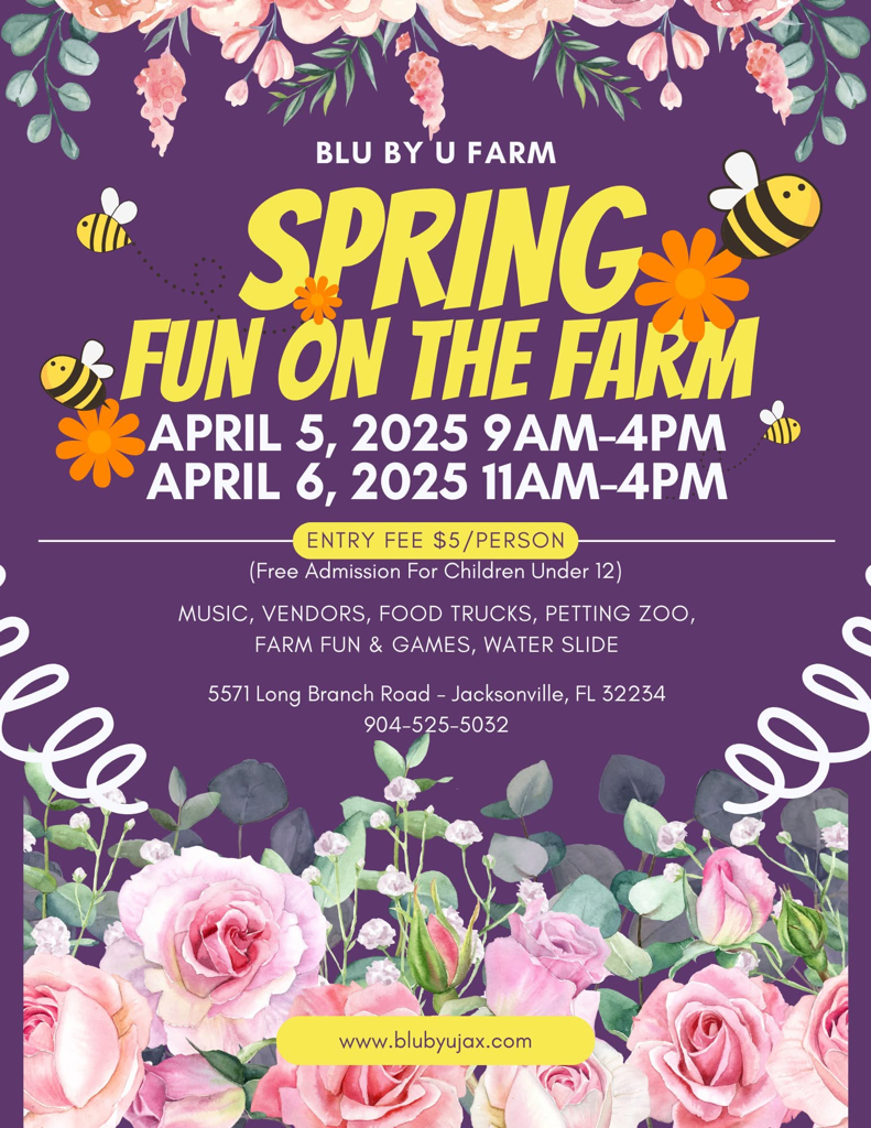 Event flyer printed on purple background with a floral theme.