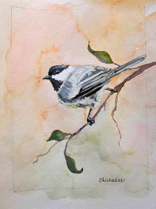 Watercolor painting of a bird on a tree branch.
