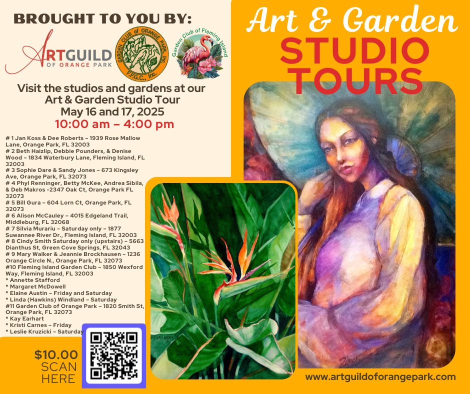 Event flyer with multiple art pieces and list of artists.