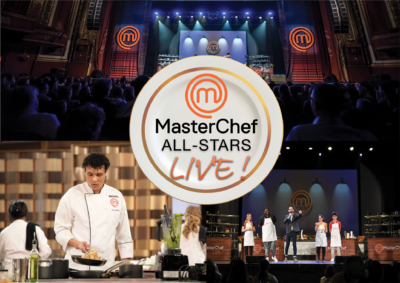 Collage of photos showing a chef, the stage, and group of people on stage.