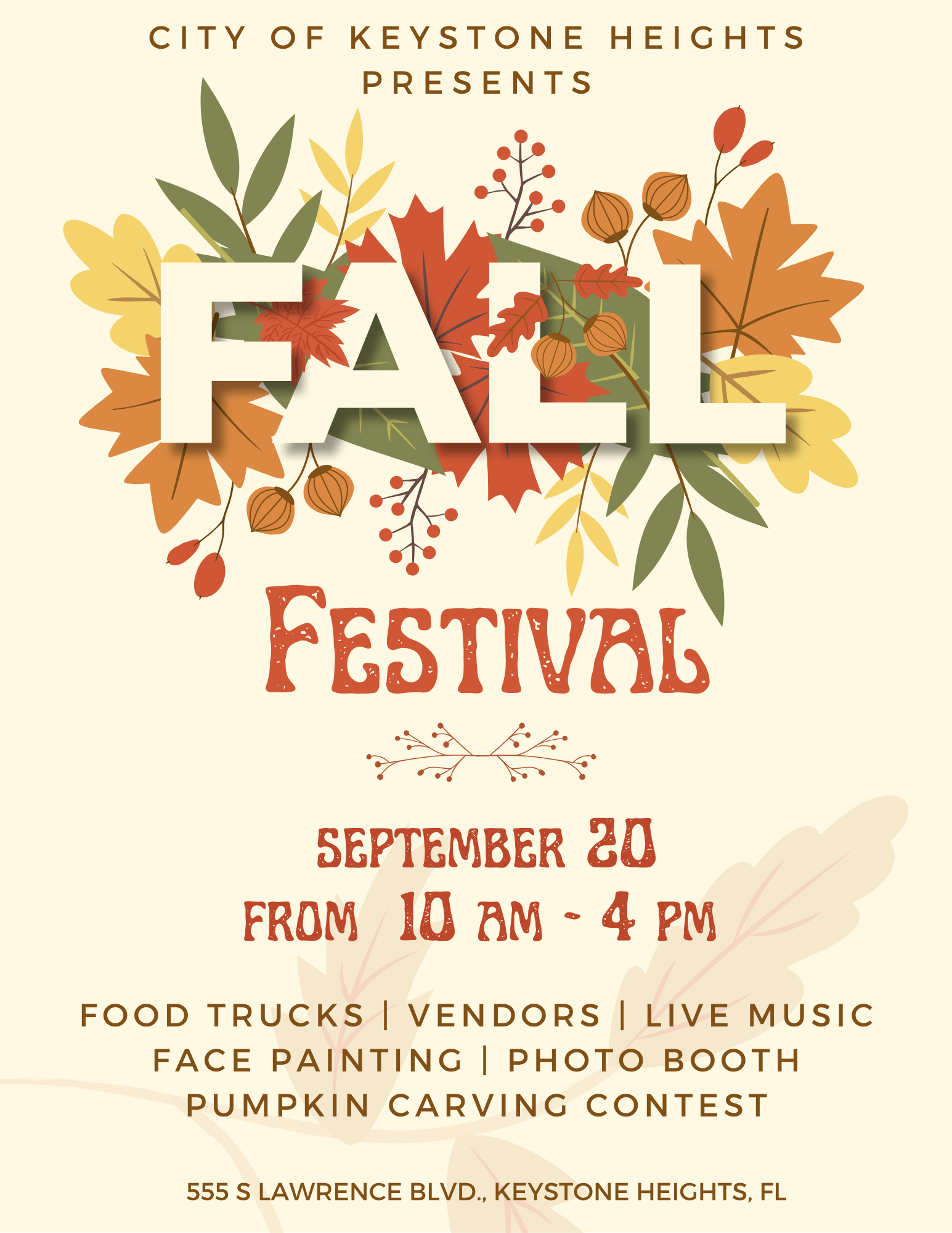Event flyer with text written in Fall colors.