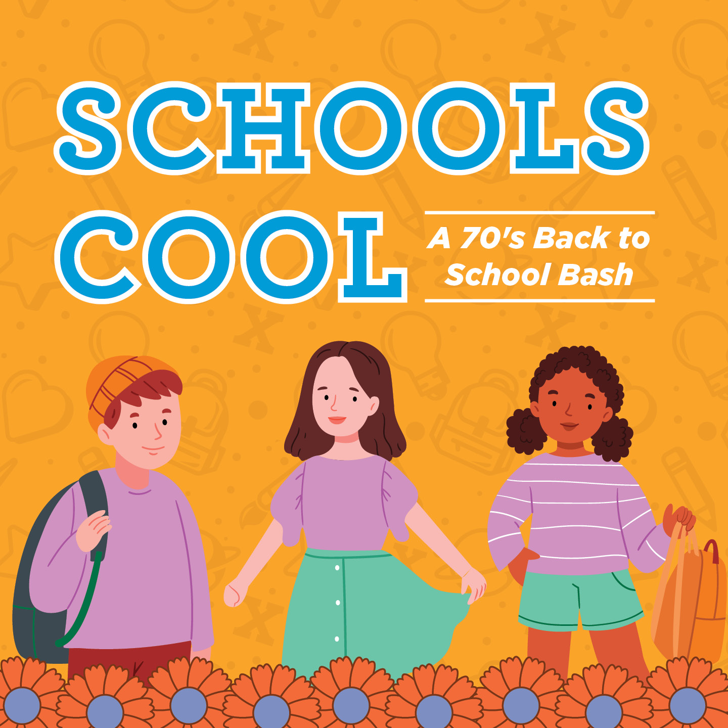 Illustration of three students on an orange background.