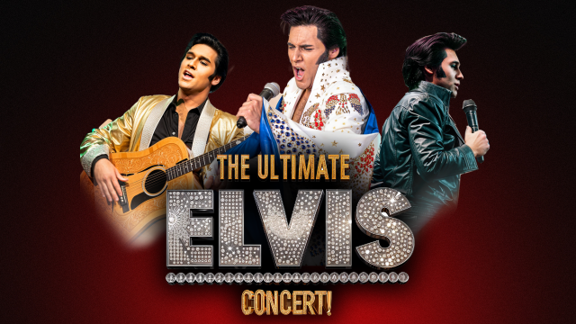 Trio of Elvis impersonators with event title written in shinny letters.