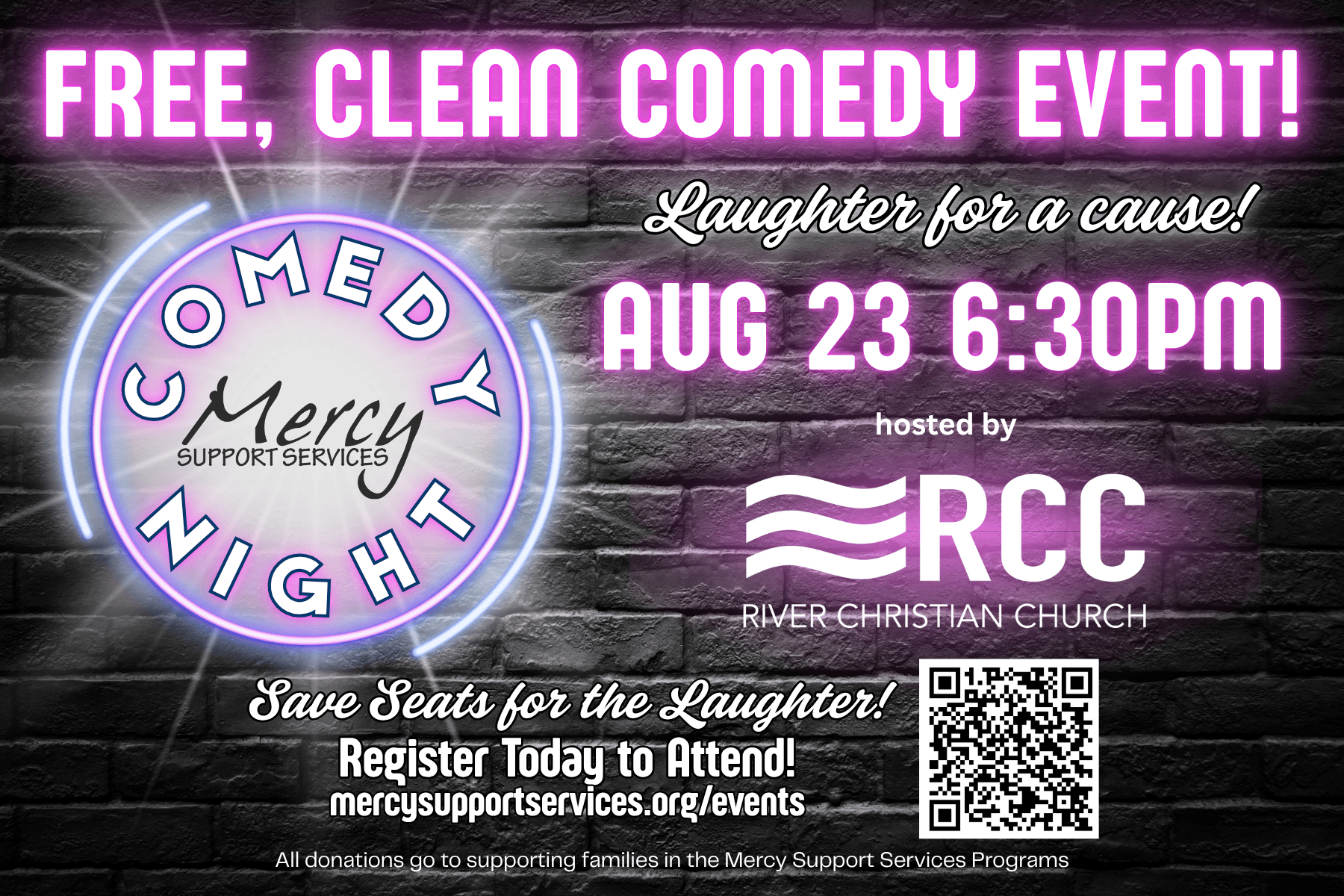 Event flyer with information on a neon pink and black background.