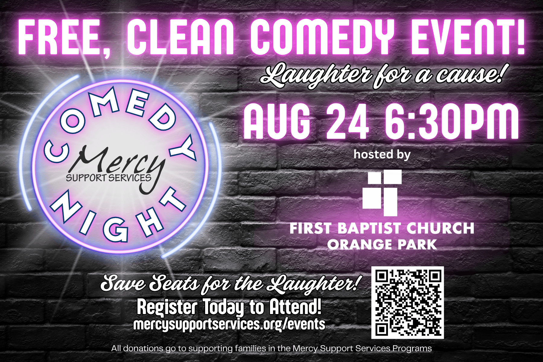 Event flyer with information on a neon pink and black background.