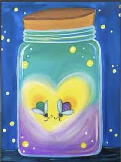 Canvas painting of two bugs in a jar on a blue background.