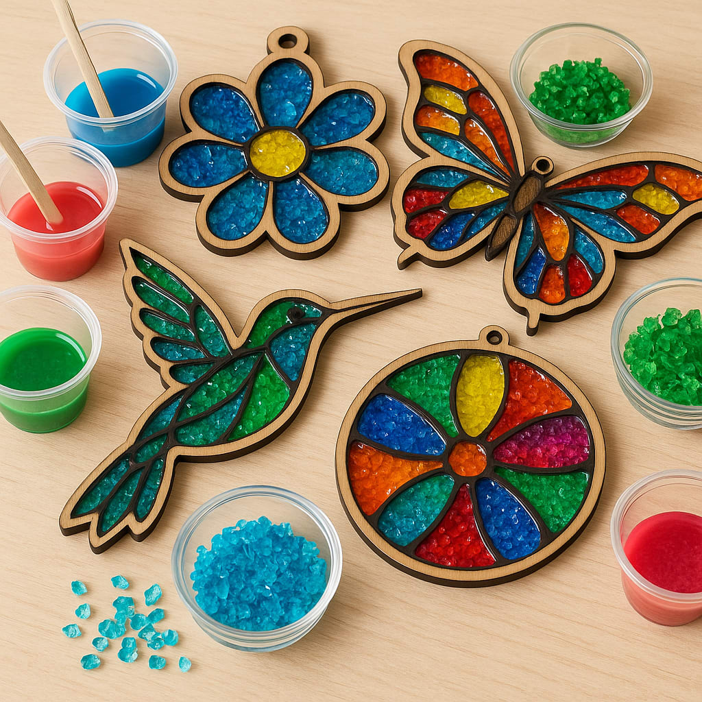 Picture of multicolored stained glass pieces on a wooden table.
