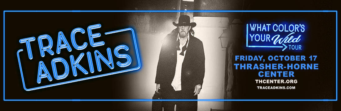 Event banner with show information in neon blue lettering.