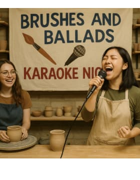 AI generated photo of two women, one at a pottery wheel and another singing in to a microphone.