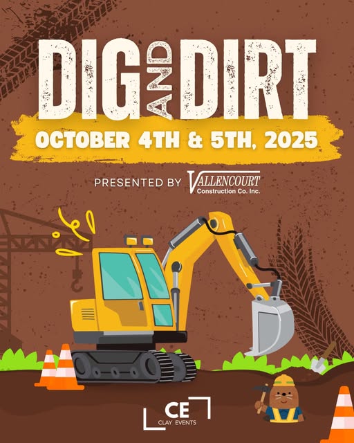 Event flyer on a brown background and yellow truck.