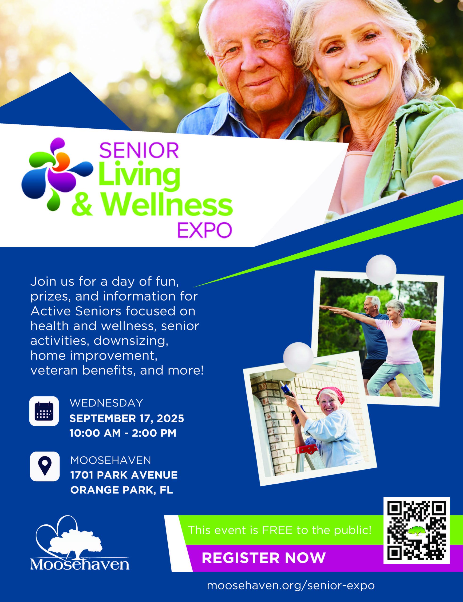 Event flyer with information and scannable QR code.