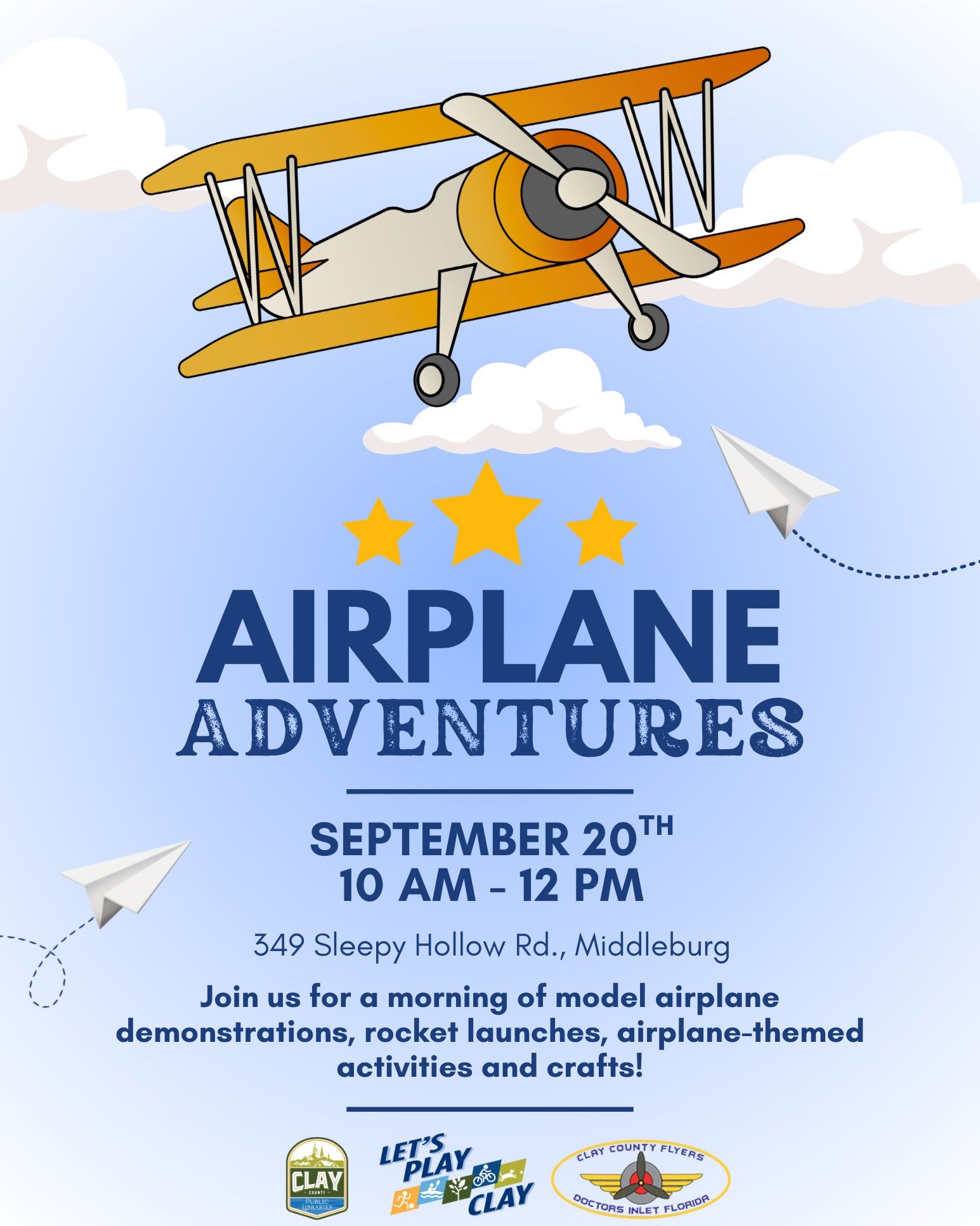 Event flyer on blue background with illustrated plane.