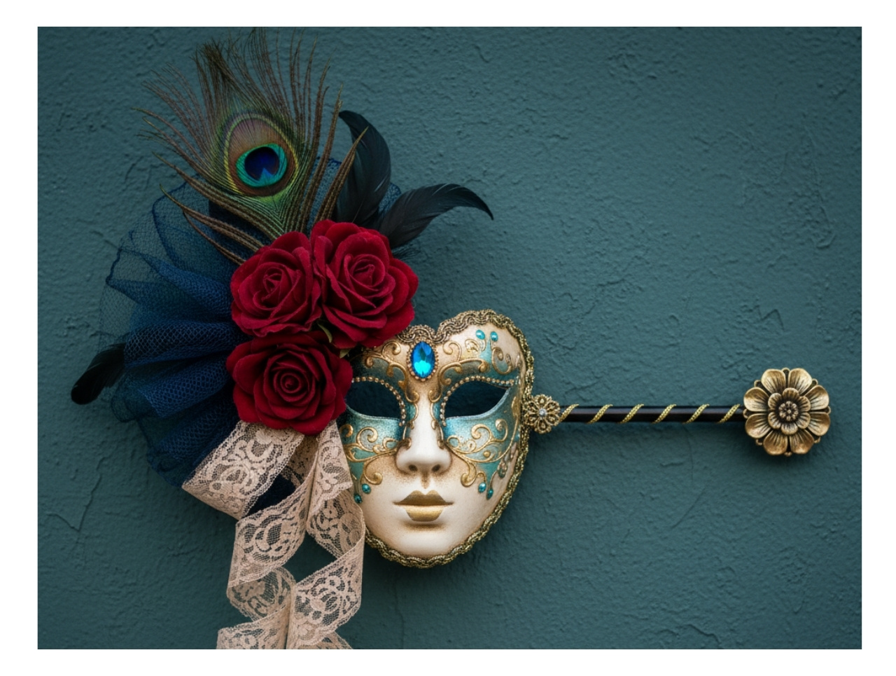 Masquerade mask with red flower on blue background.