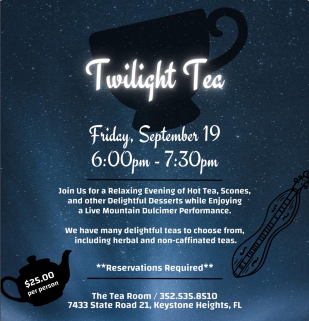 Event flyer on a blue, night sky background.